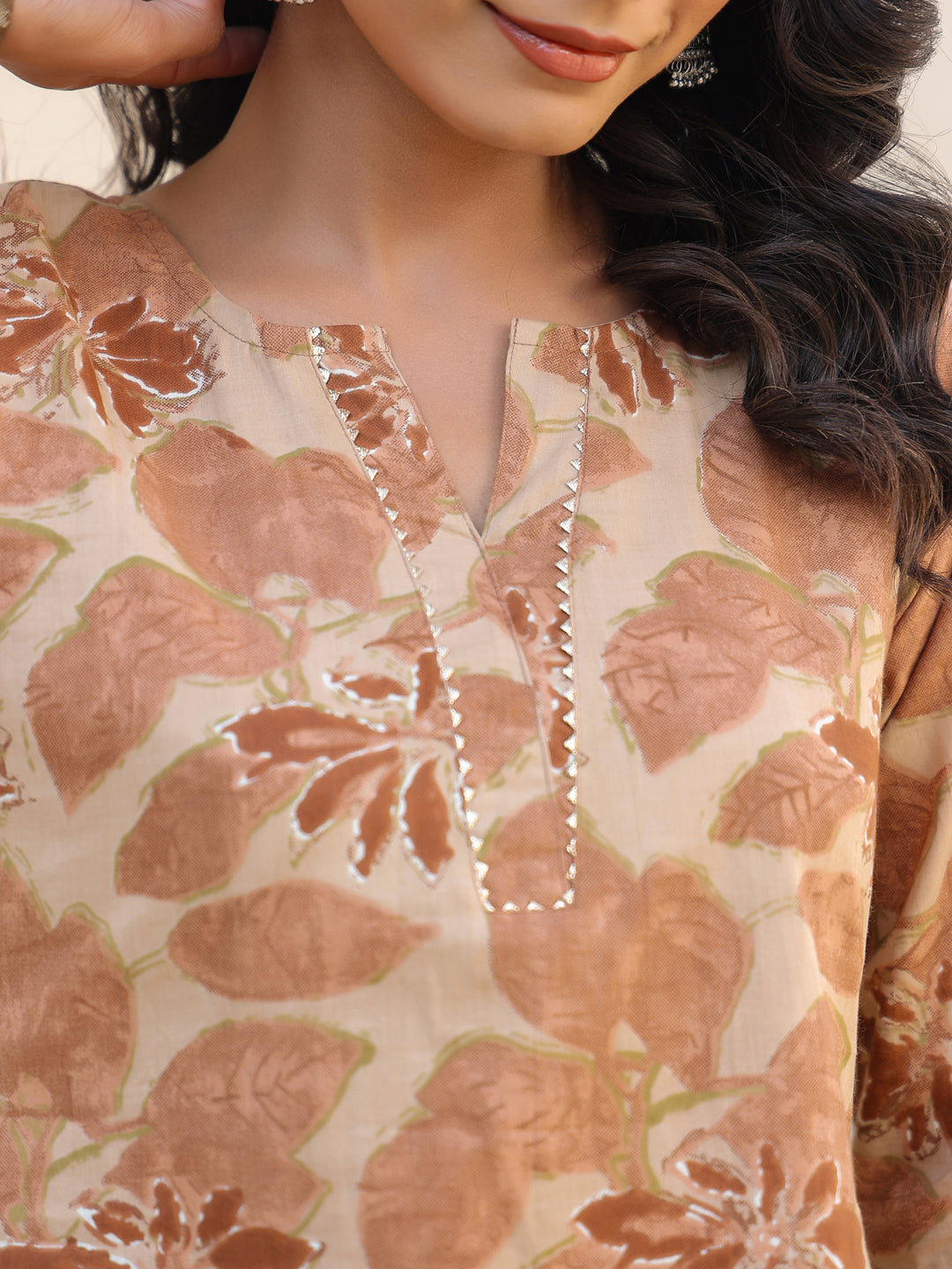 Beige Pure Cotton Floral Printed Straight Kurta Pant Set