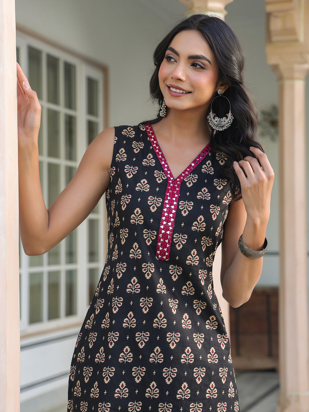 Black Pure Cotton Floral Printed Straight Kurta Set