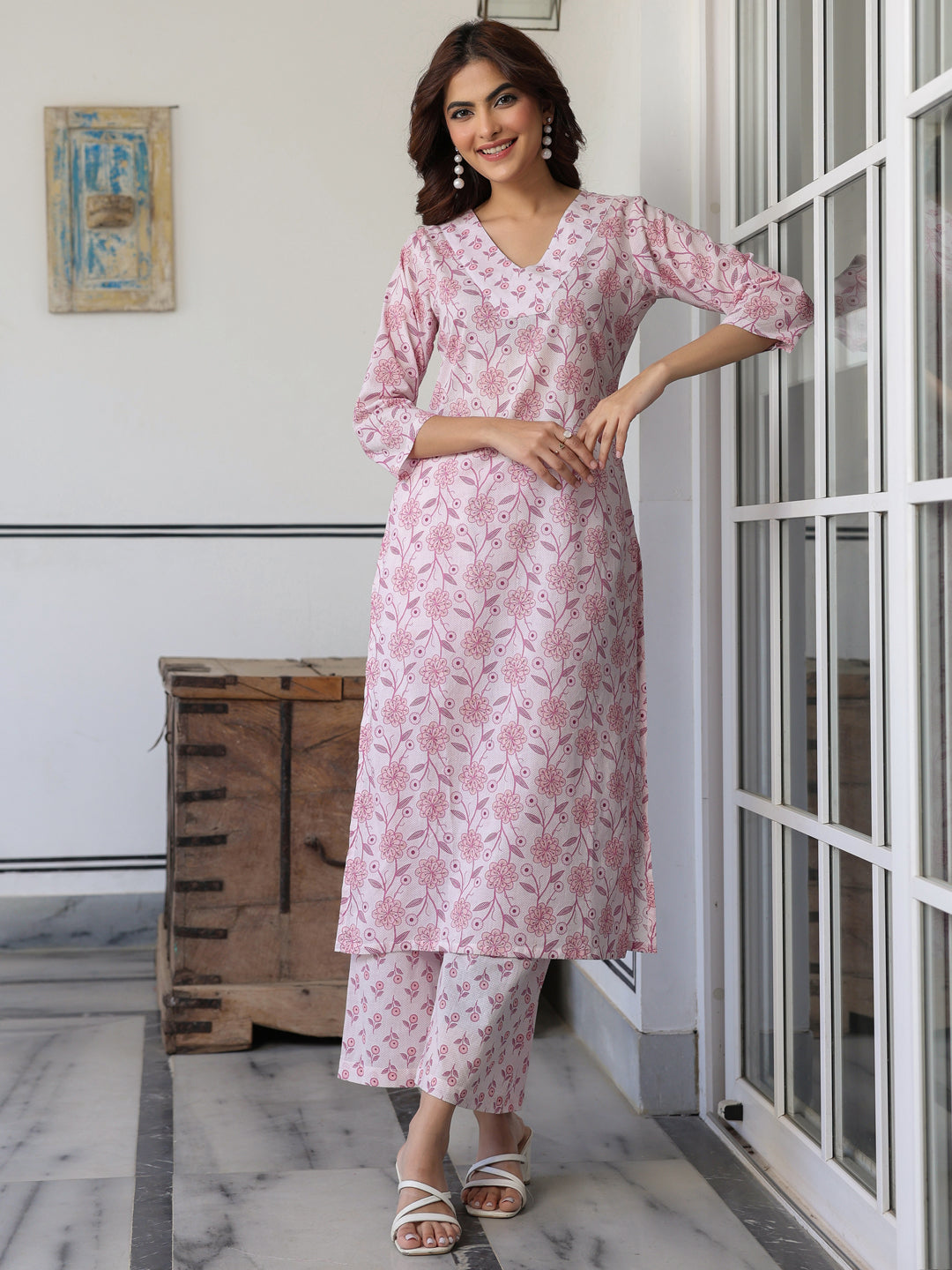 Light Pink Pure Cotton Floral Printed Straight Kurta Pant Set