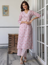 Light Pink Pure Cotton Floral Printed Straight Kurta Pant Set