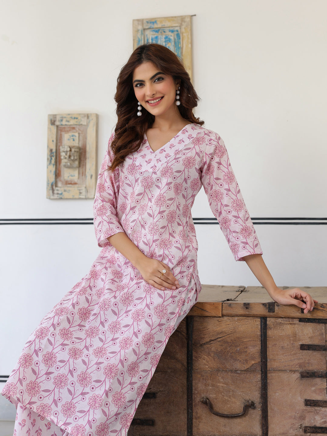 Light Pink Pure Cotton Floral Printed Straight Kurta Pant Set