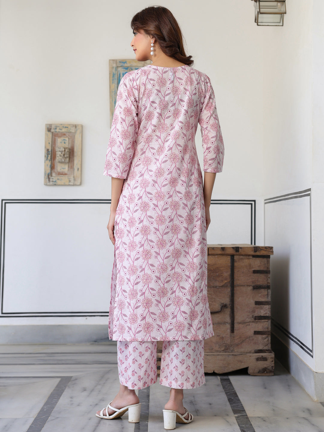 Light Pink Pure Cotton Floral Printed Straight Kurta Pant Set