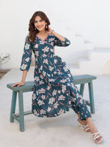 Women's Teal Blue Pure Cotton Floral Printted A line Kurta Pant Set