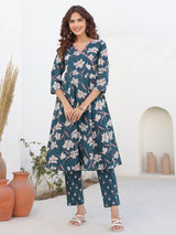 Women's Teal Blue Pure Cotton Floral Printted A line Kurta Pant Set