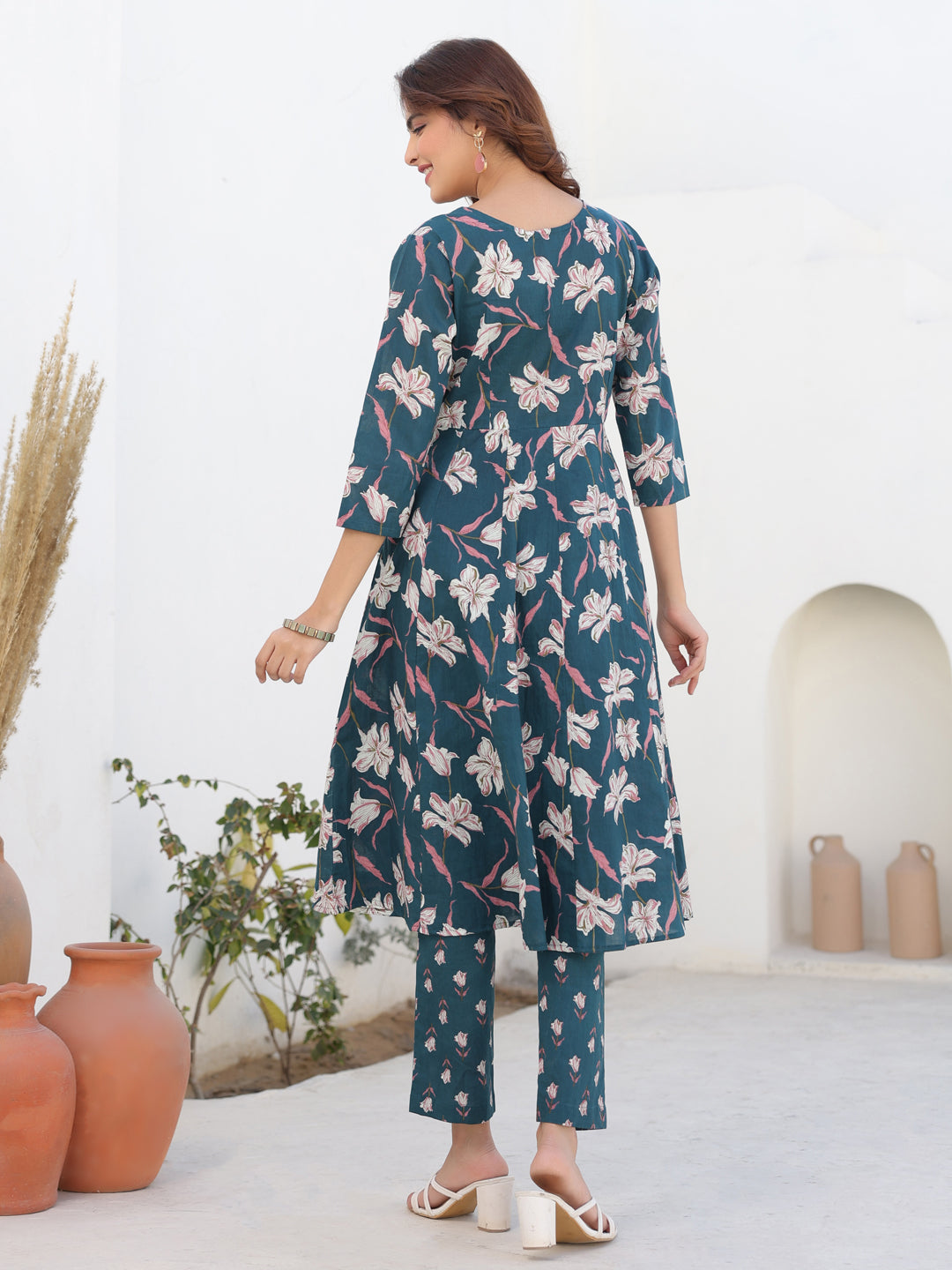 Women's Teal Blue Pure Cotton Floral Printted A line Kurta Pant Set