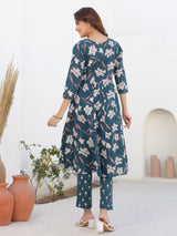 Women's Teal Blue Pure Cotton Floral Printted A line Kurta Pant Set