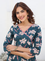Women's Teal Blue Pure Cotton Floral Printted A line Kurta Pant Set