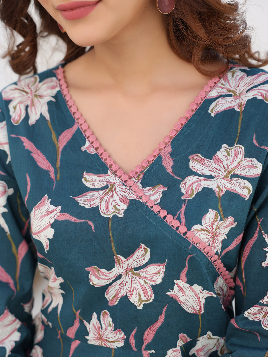 Women's Teal Blue Pure Cotton Floral Printted A line Kurta Pant Set