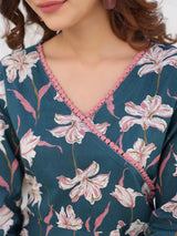 Women's Teal Blue Pure Cotton Floral Printted A line Kurta Pant Set