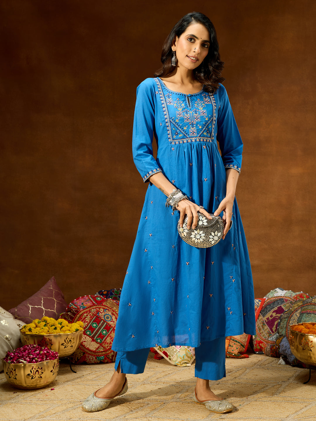Women's Blue Pure Cotton Embroidered A-line Kurta With Pant Set