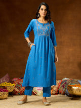 Women's Blue Pure Cotton Embroidered A-line Kurta With Pant Set