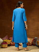 Women's Blue Pure Cotton Embroidered A-line Kurta With Pant Set