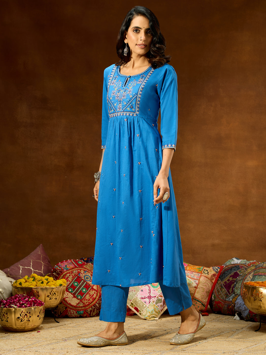 Women's Blue Pure Cotton Embroidered A-line Kurta With Pant Set