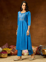 Women's Blue Pure Cotton Embroidered A-line Kurta With Pant Set