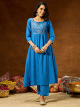 Women's Blue Pure Cotton Embroidered A-line Kurta With Pant Set