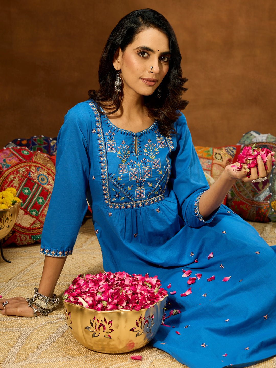 Women's Blue Pure Cotton Embroidered A-line Kurta With Pant Set