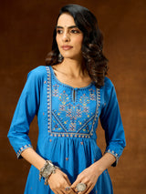 Women's Blue Pure Cotton Embroidered A-line Kurta With Pant Set