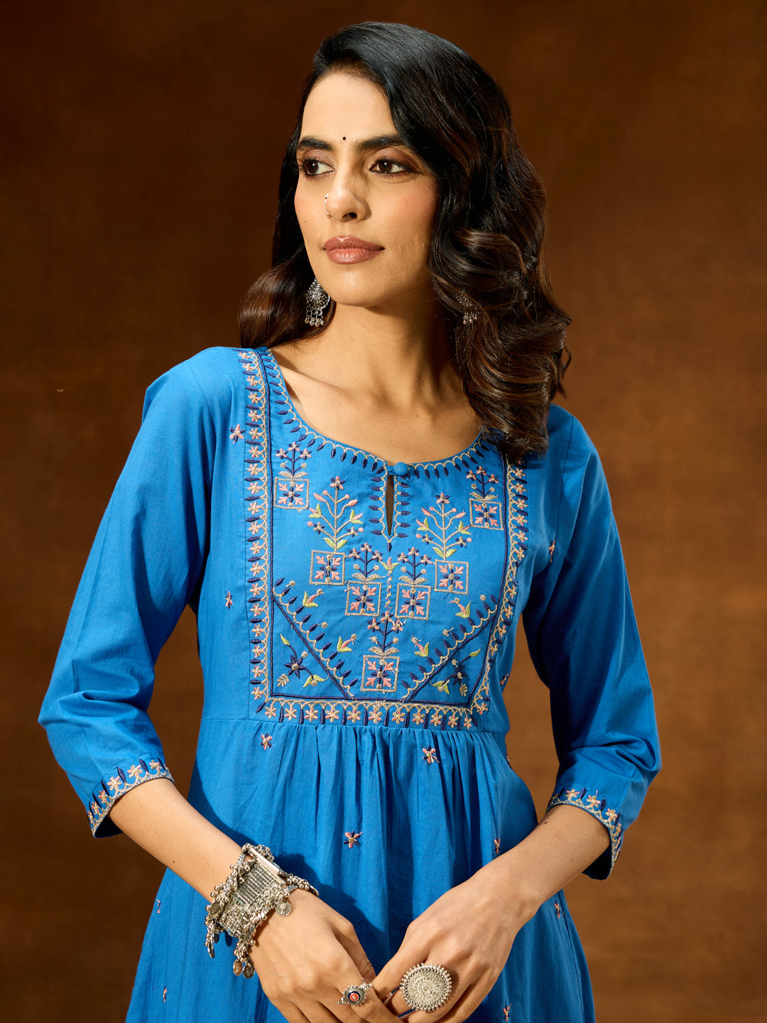 Women's Blue Pure Cotton Embroidered A-line Kurta With Pant Set