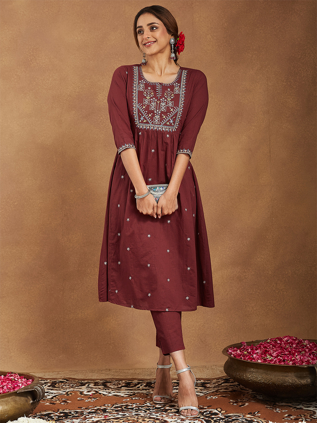 Women's Maroon Pure Cotton Embroidered A-line Kurta With Pant Set