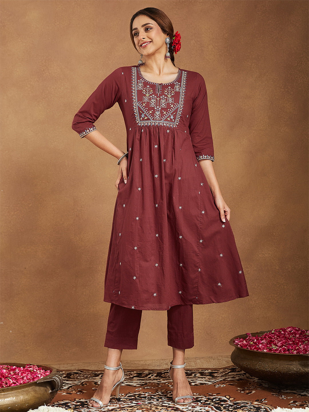 Women's Maroon Pure Cotton Embroidered A-line Kurta With Pant Set
