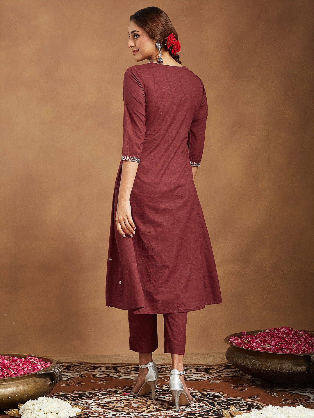 Women's Maroon Pure Cotton Embroidered A-line Kurta With Pant Set