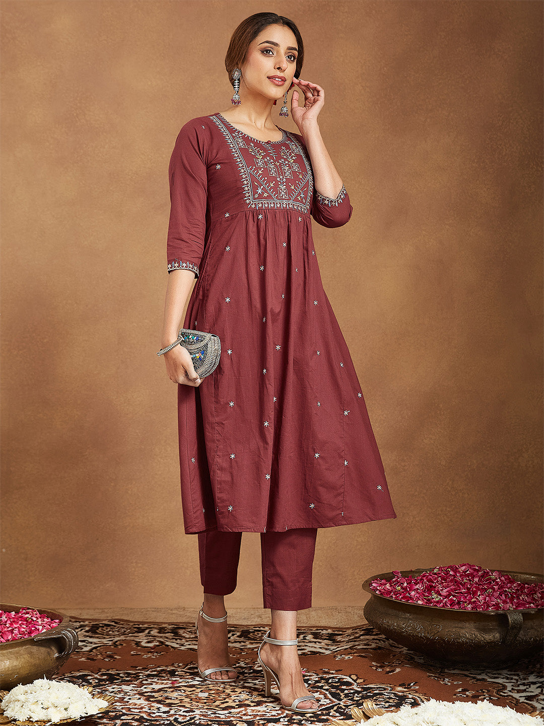 Women's Maroon Pure Cotton Embroidered A-line Kurta With Pant Set