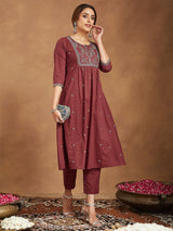 Women's Maroon Pure Cotton Embroidered A-line Kurta With Pant Set