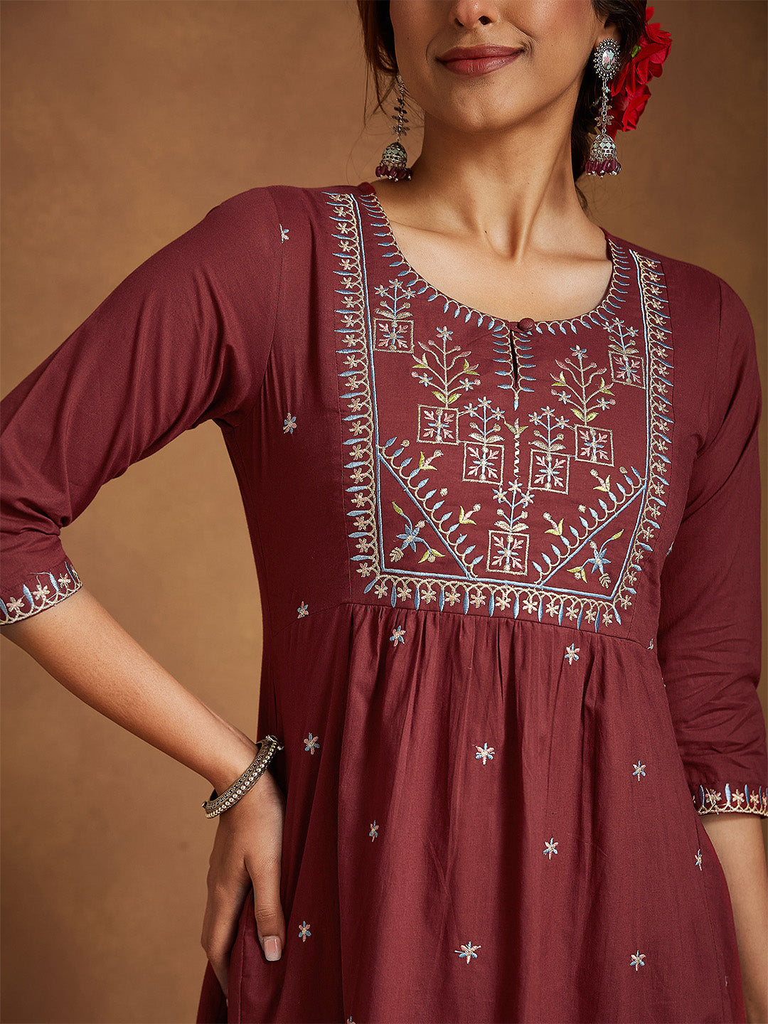 Women's Maroon Pure Cotton Embroidered A-line Kurta With Pant Set