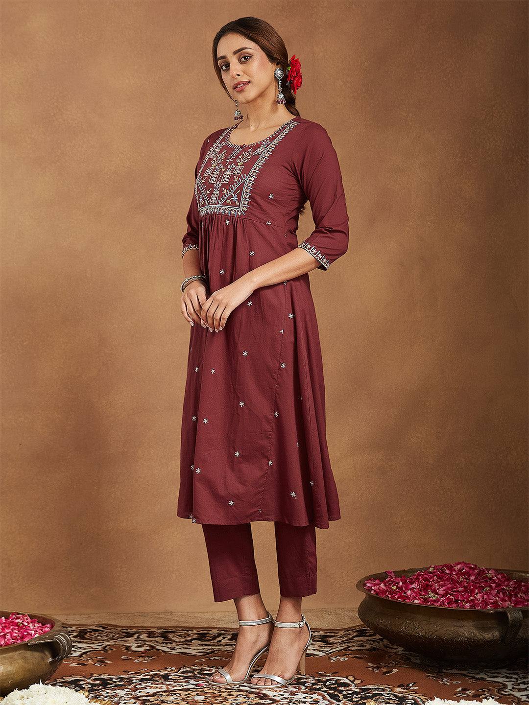 Women's Maroon Pure Cotton Embroidered A-line Kurta With Pant Set