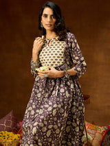 Women's Purple Pure Cotton Floral Printed A-line Kurta Pant Set