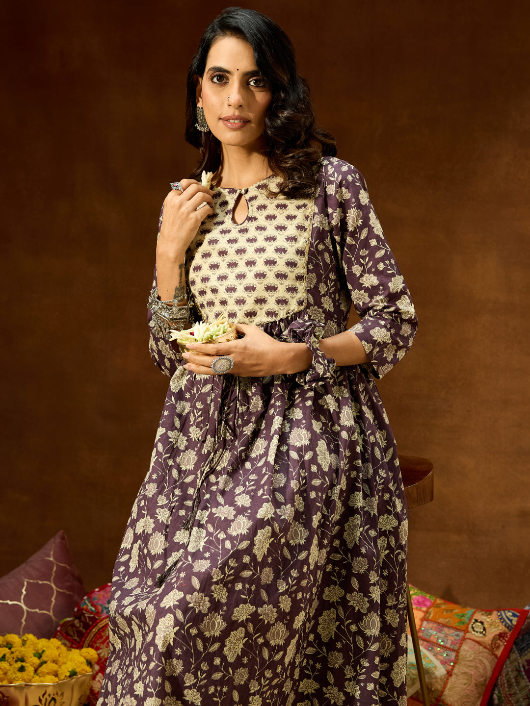 Women's Purple Pure Cotton Floral Printed A-line Kurta Pant Set