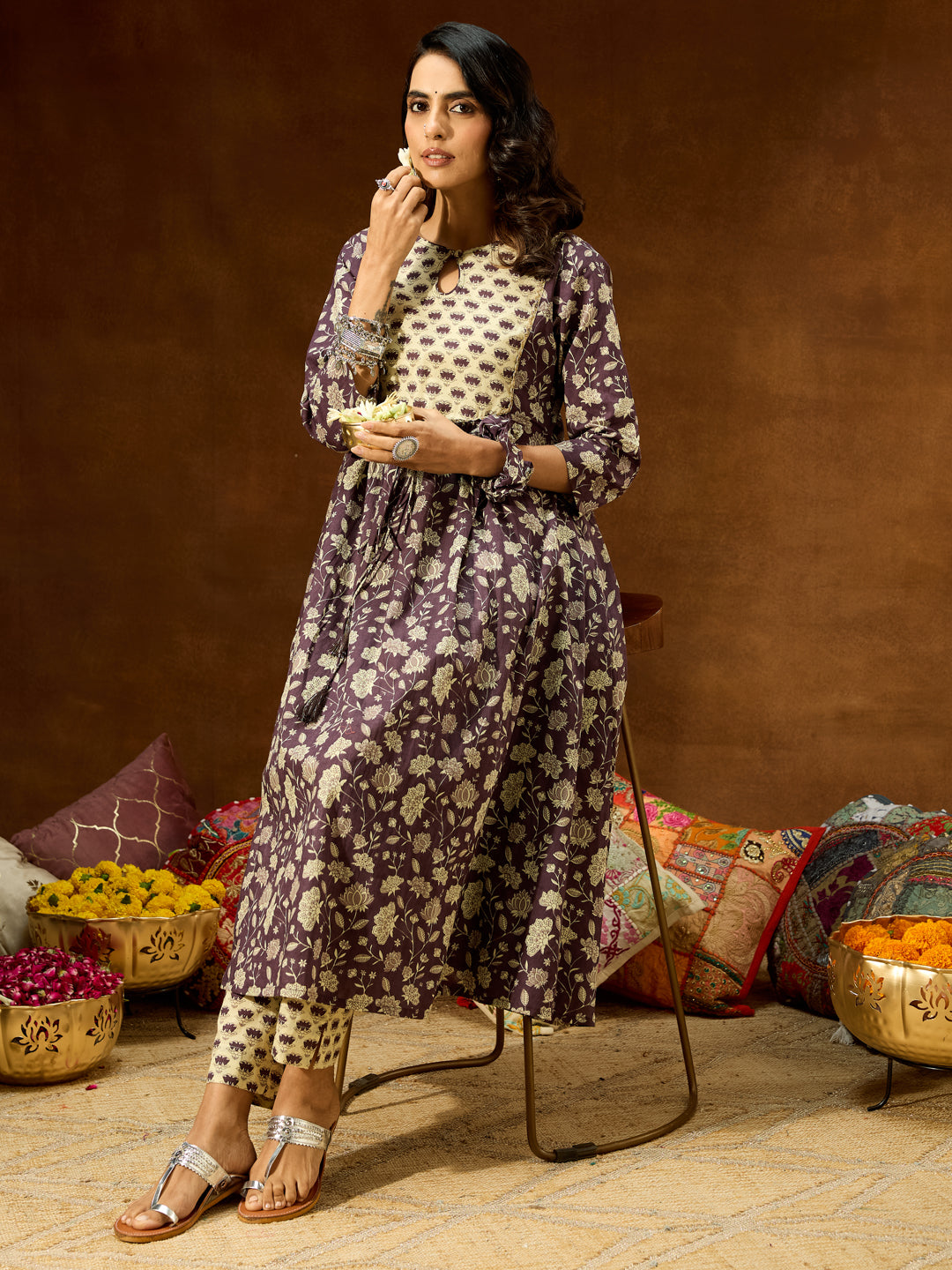 Women's Purple Pure Cotton Floral Printed A-line Kurta Pant Set