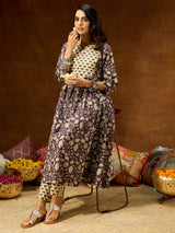 Women's Purple Pure Cotton Floral Printed A-line Kurta Pant Set