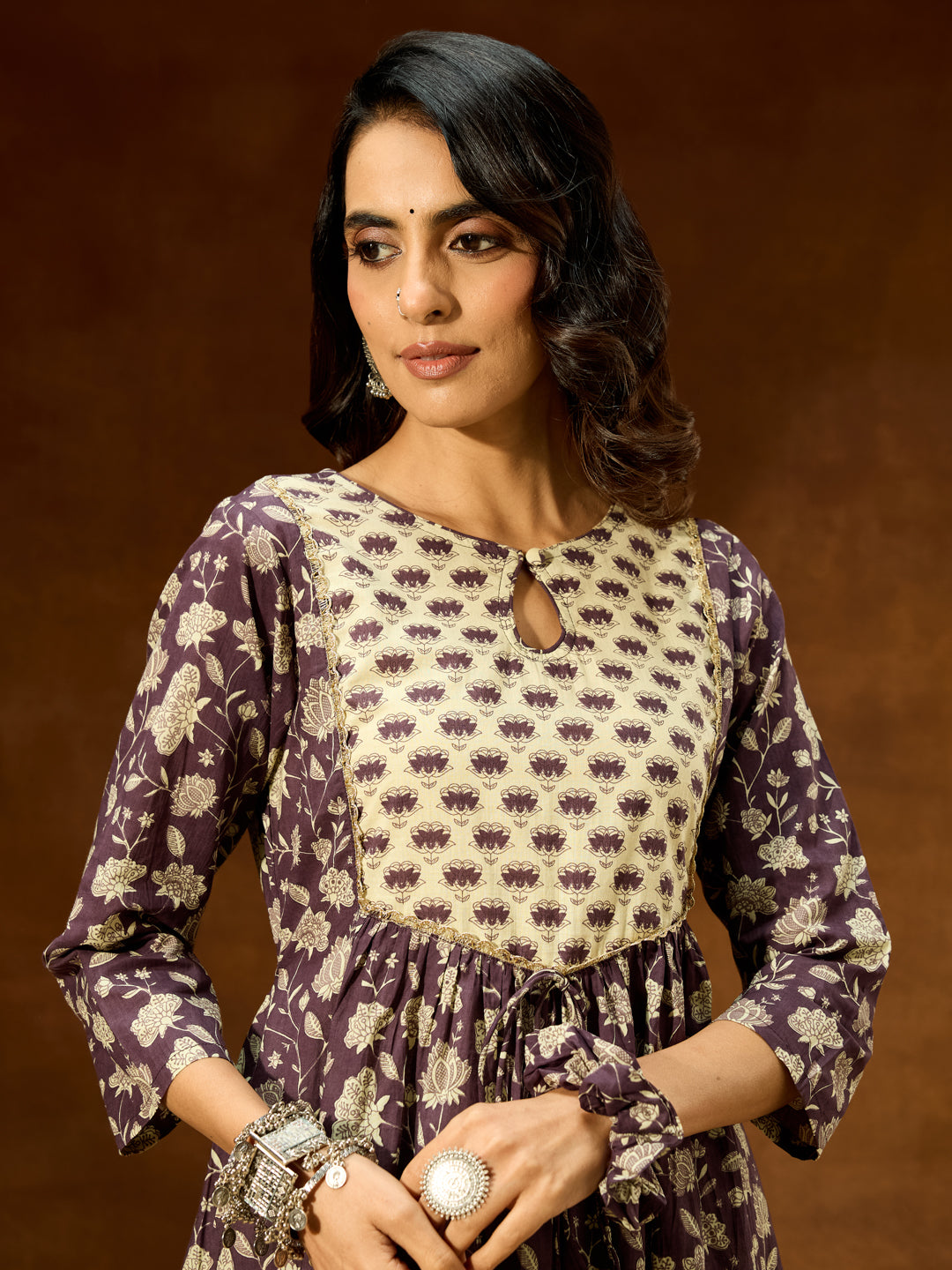 Women's Purple Pure Cotton Floral Printed A-line Kurta Pant Set