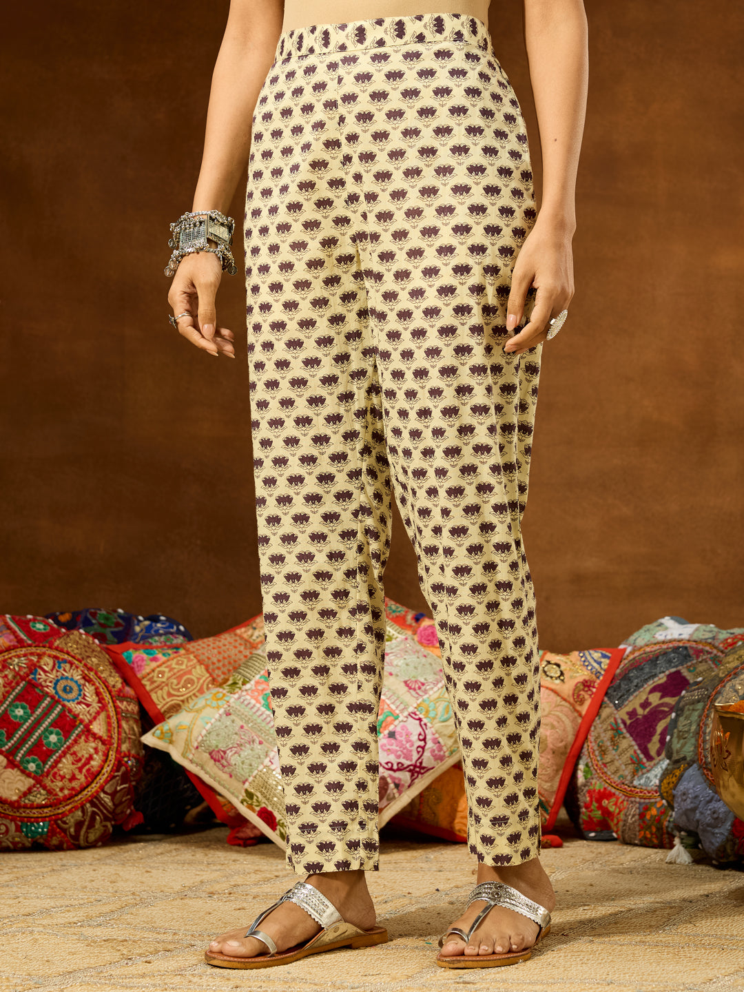 Women's Purple Pure Cotton Floral Printed A-line Kurta Pant Set