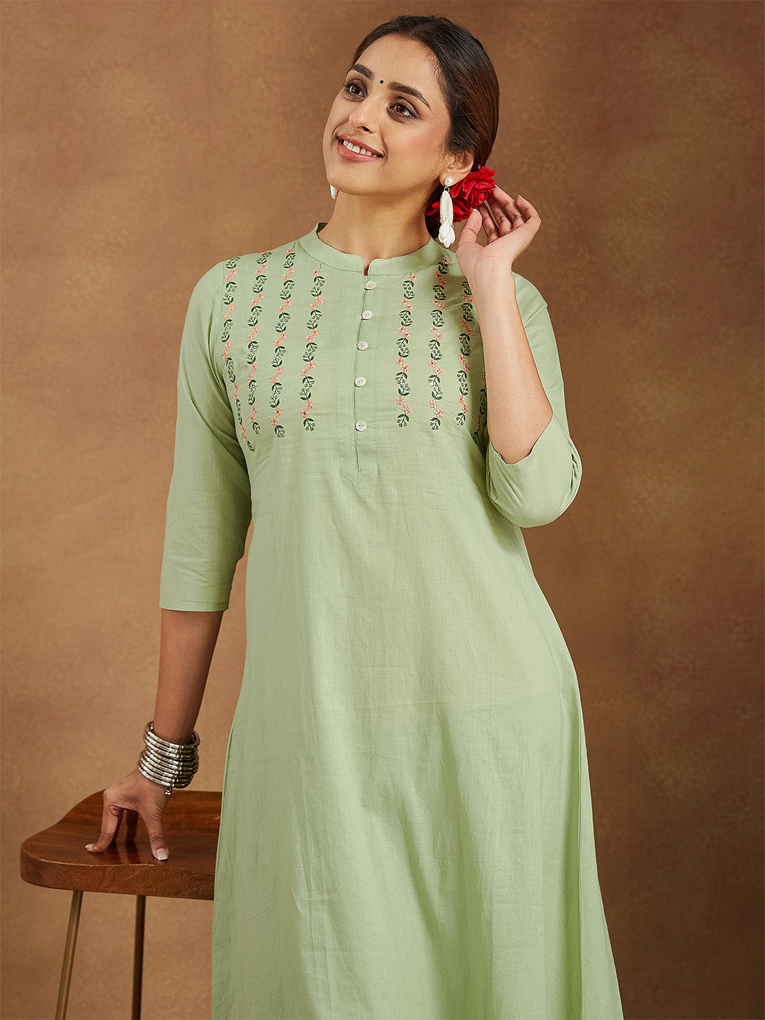 Women's Mint Green Pure Cotton Embroidered A-line Kurta Pant Set