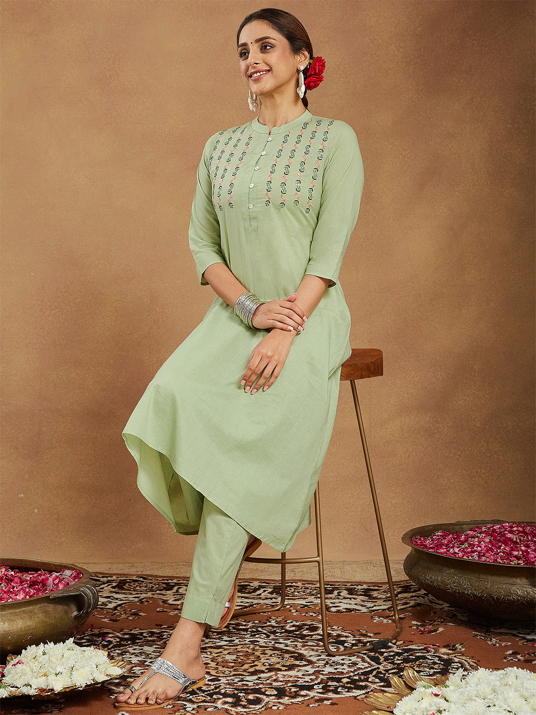 Women's Mint Green Pure Cotton Embroidered A-line Kurta Pant Set