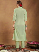 Women's Mint Green Pure Cotton Embroidered A-line Kurta Pant Set