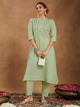 Women's Mint Green Pure Cotton Embroidered A-line Kurta Pant Set