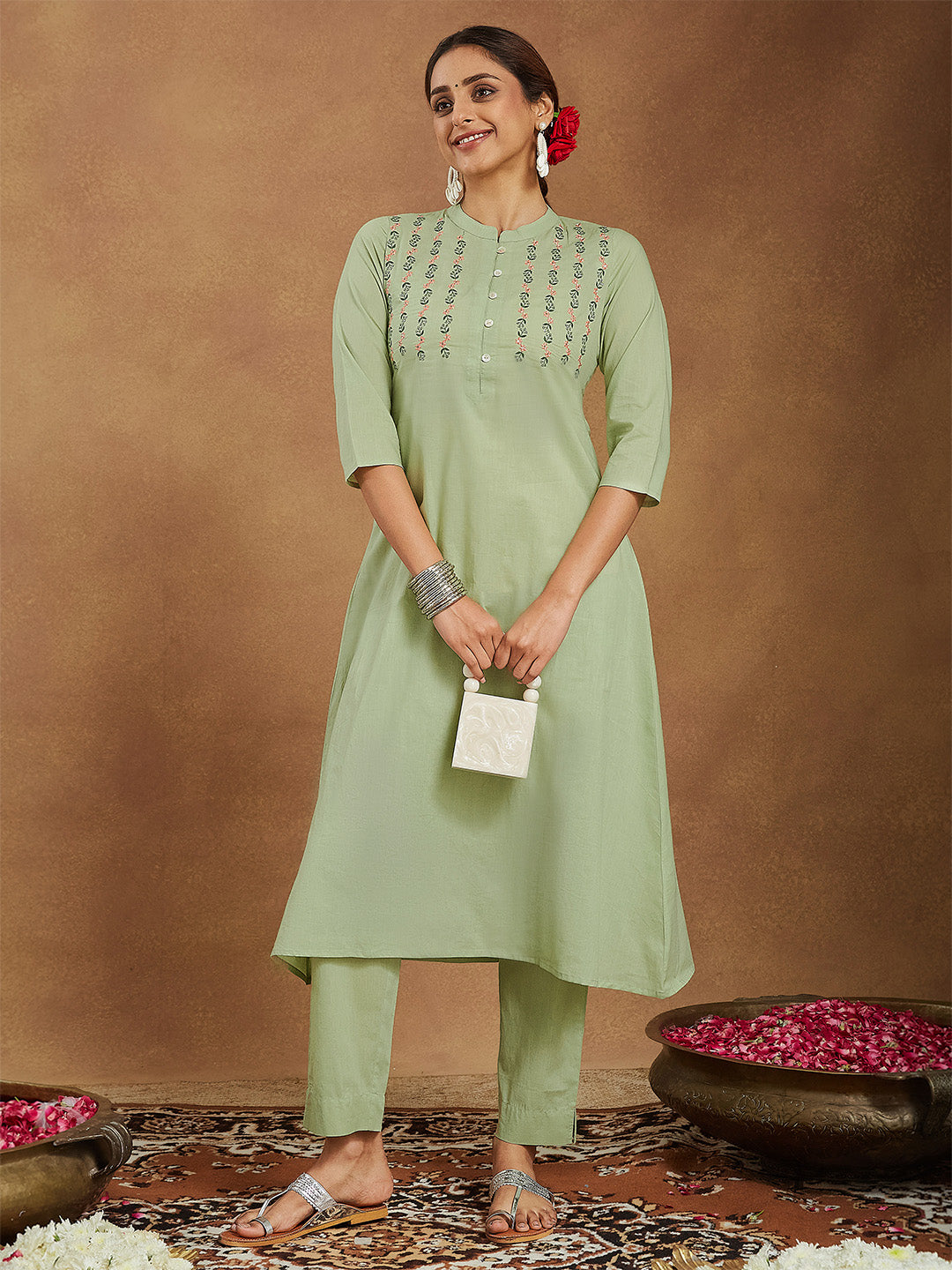 Women's Mint Green Pure Cotton Embroidered A-line Kurta Pant Set