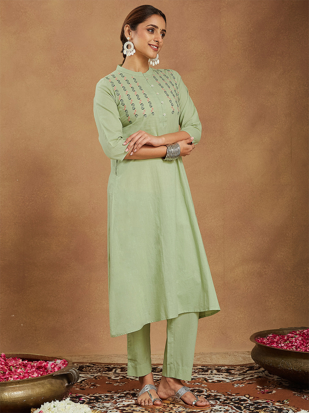 Women's Mint Green Pure Cotton Embroidered A-line Kurta Pant Set