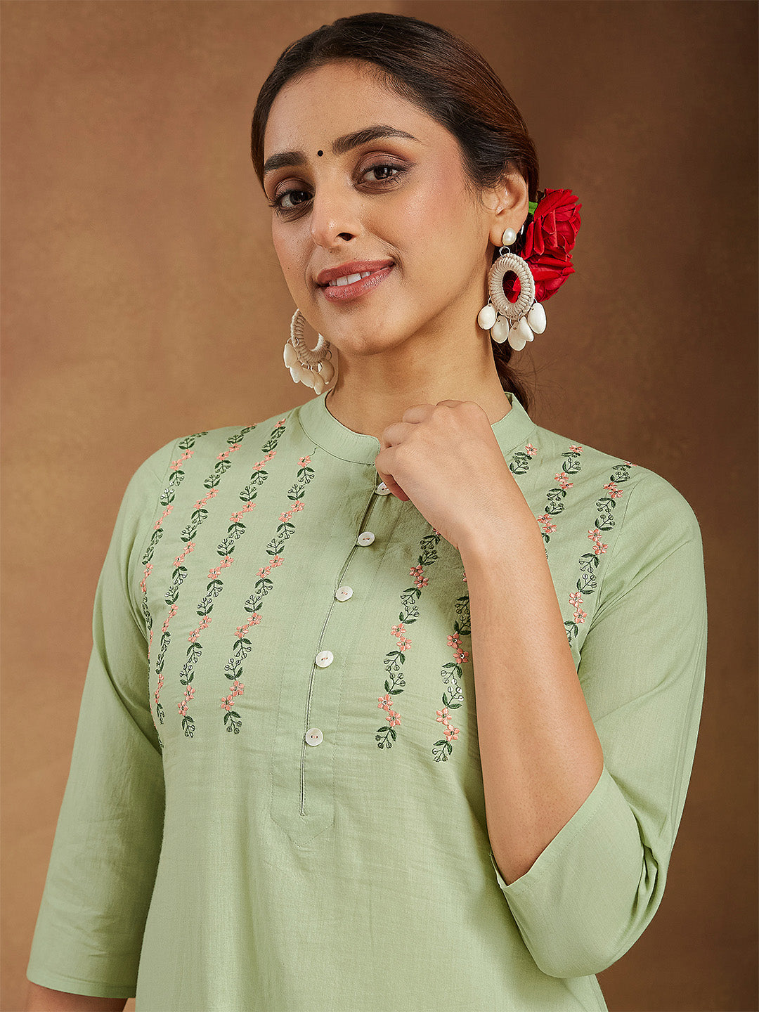 Women's Mint Green Pure Cotton Embroidered A-line Kurta Pant Set