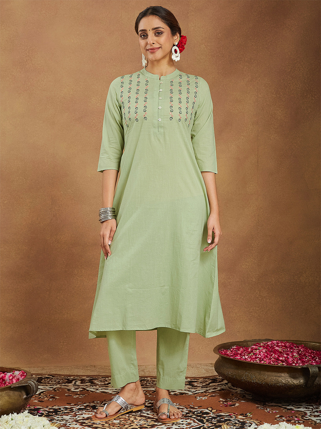 Women's Mint Green Pure Cotton Embroidered A-line Kurta Pant Set
