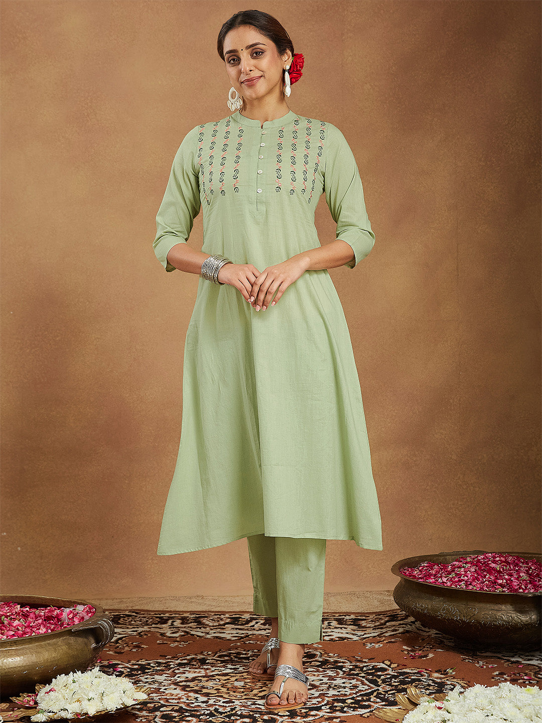 Women's Mint Green Pure Cotton Embroidered A-line Kurta Pant Set
