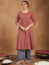Women's Red Pure Cotton Floral Printed Anarkali Kurta With Palazzo Set