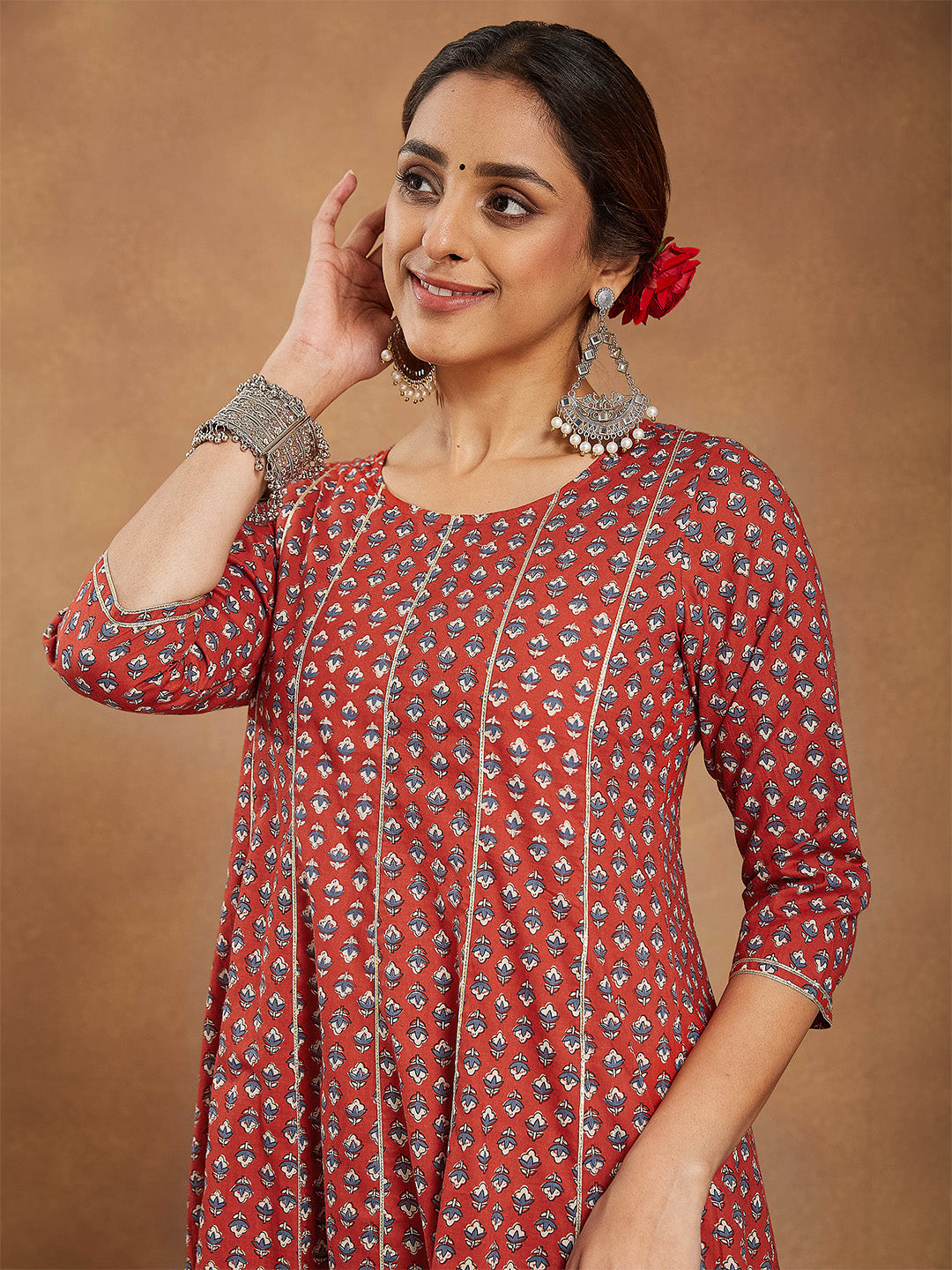 Women's Red Pure Cotton Floral Printed Anarkali Kurta With Palazzo Set