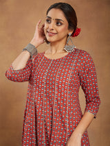 Women's Red Pure Cotton Floral Printed Anarkali Kurta With Palazzo Set