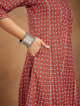 Women's Red Pure Cotton Floral Printed Anarkali Kurta With Palazzo Set