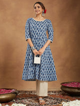 Women's Indigo Blue & Beige Pure Cotton Paisley Printed Anarkali Kurta Palazzo Set
