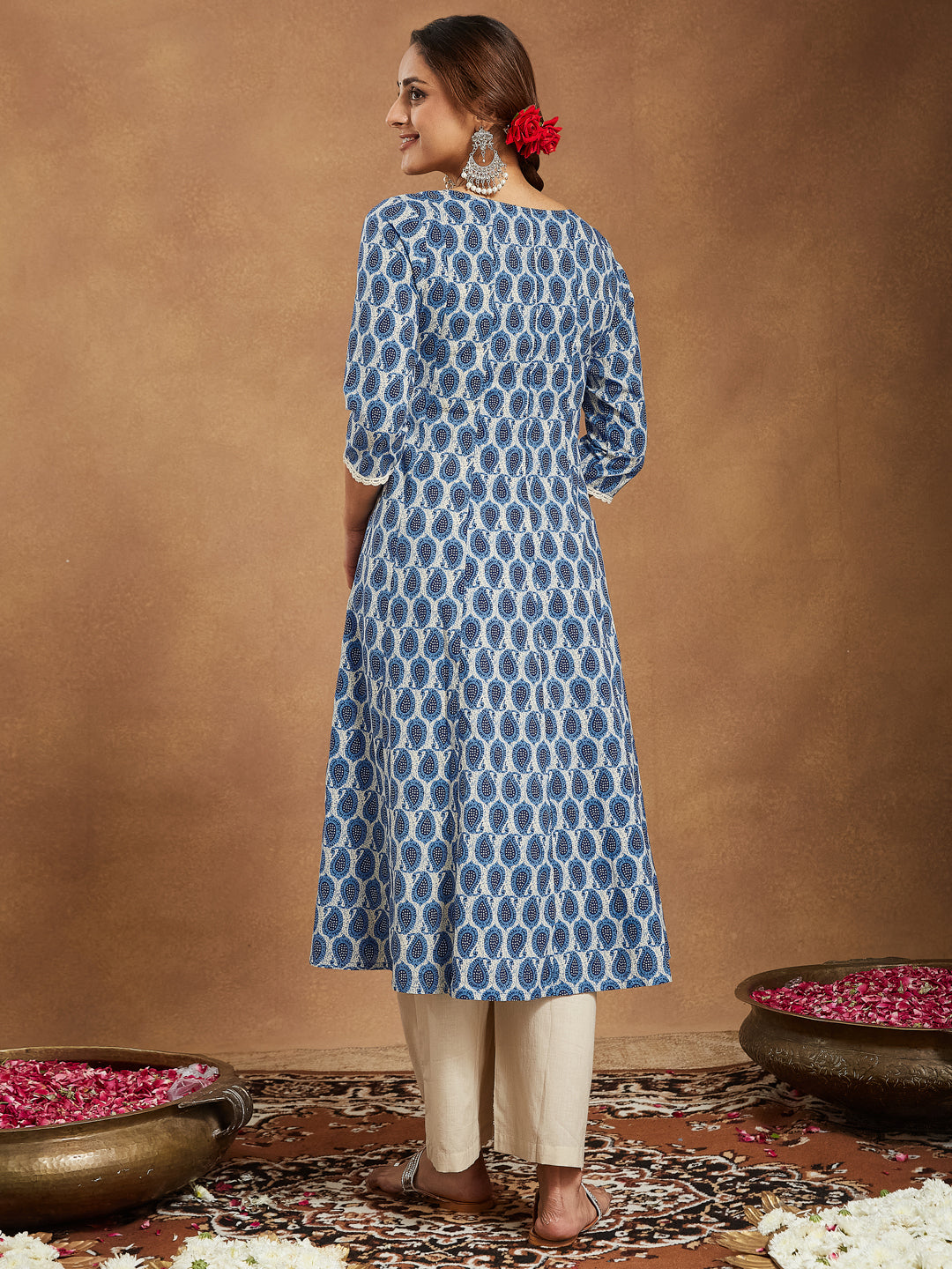 Women's Indigo Blue & Beige Pure Cotton Paisley Printed Anarkali Kurta Palazzo Set